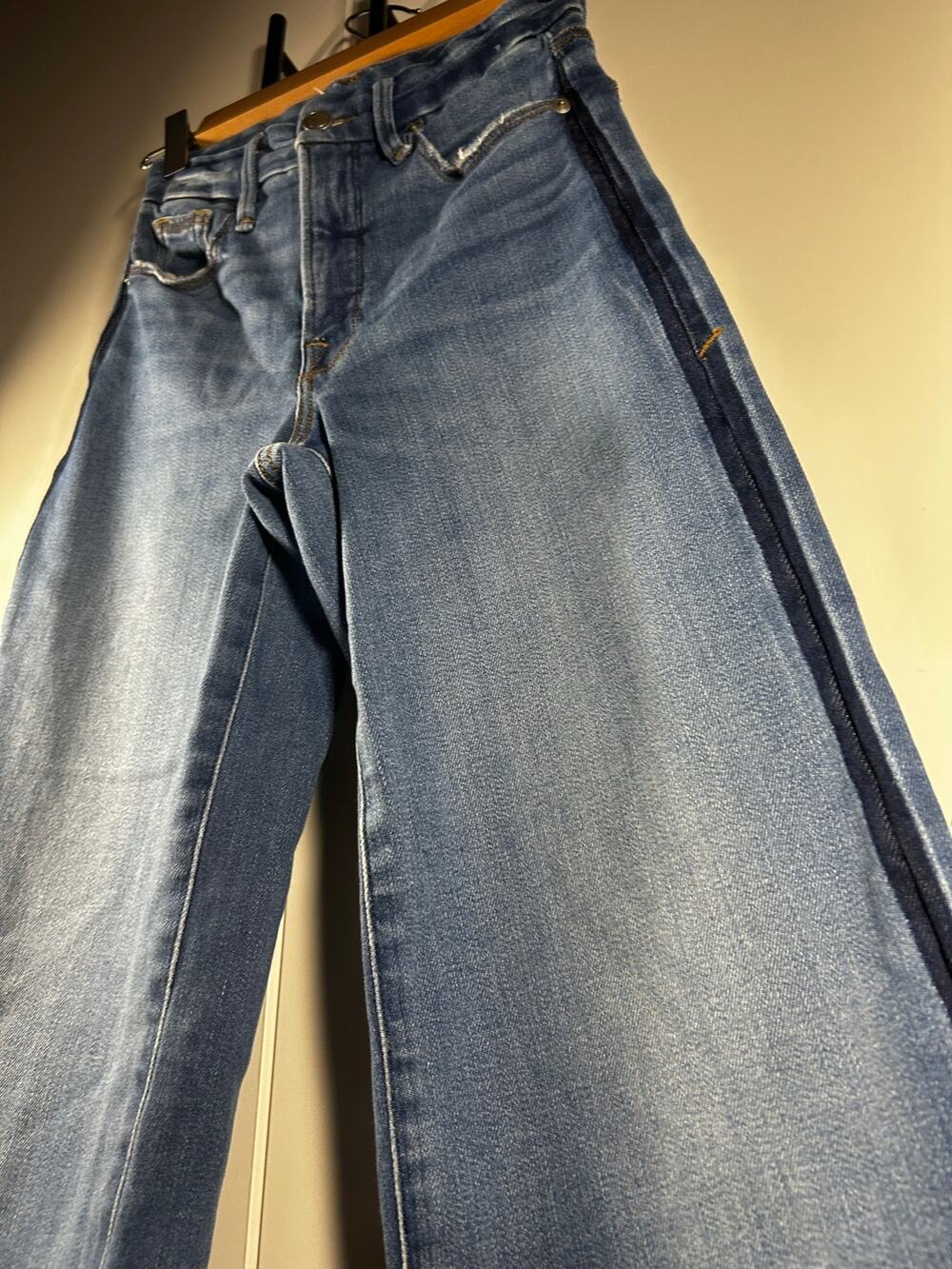 Good American Good Waist Palazzo Crop Jeans 00/24 Indigo Tuxedo Stripe Wide Leg
